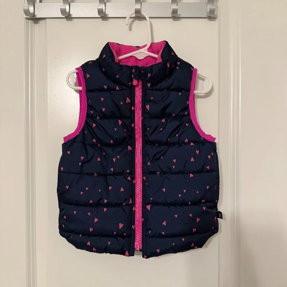 BabyGap Puffer Vest Navy Pink Heart ColdControl Girls 2T